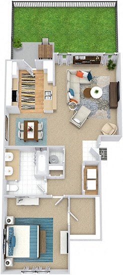 Floor plan for 1 bed, 1 bath, 839 sqft